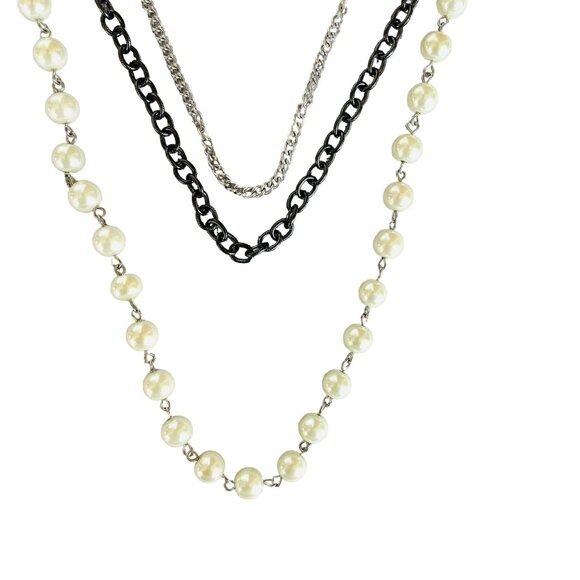 Vintage Inspired Long Pearl and Chain Necklace Elegant Layered Design 34" Length - Picture 3 of 10